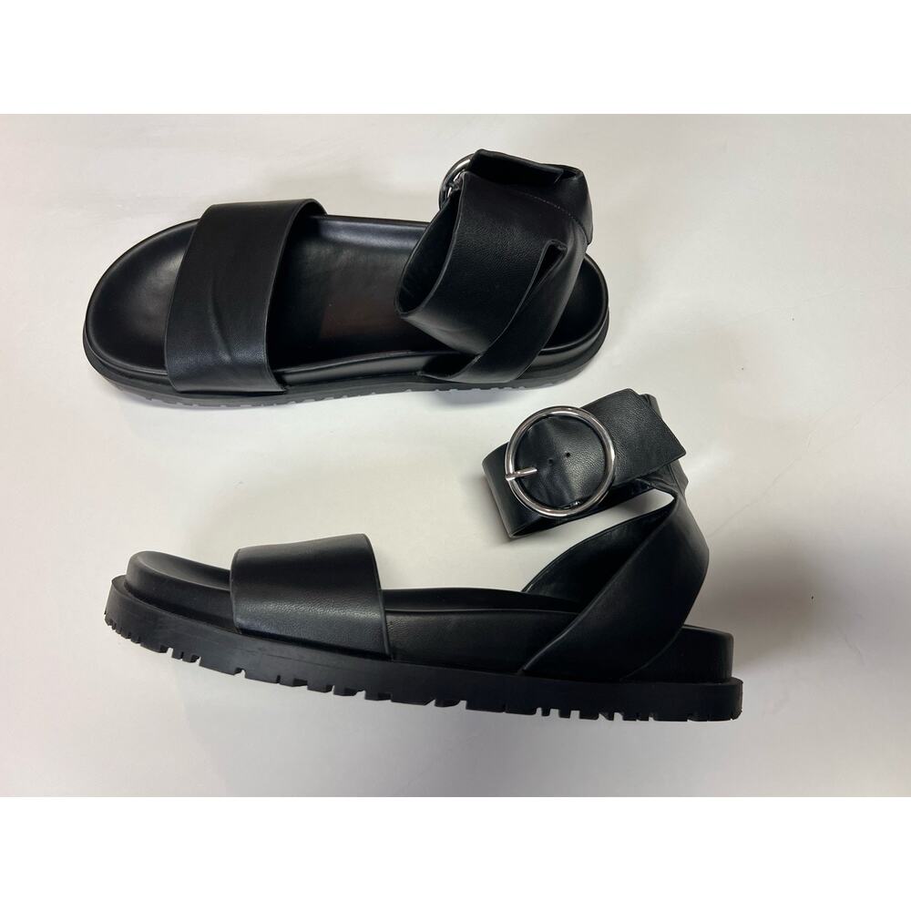ZARA Leather Black Platform Sandals Wide Strap Ankle Buckle Chunky Shoes